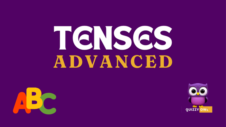An image designed for English Grammar learning and quizzing focusing on tenses. The image features a colorful layout with sections labeled for different types of tenses: present tense, past tense, and future tense, each further divided into simple, continuous, perfect, and perfect continuous forms. Each section includes examples and definitions, with visuals to illustrate each tense type. There's a quiz section at the bottom with multiple-choice questions and fill-in-the-blank exercises to test knowledge. The design is engaging, with clear fonts and vibrant colors to attract learners' attention.