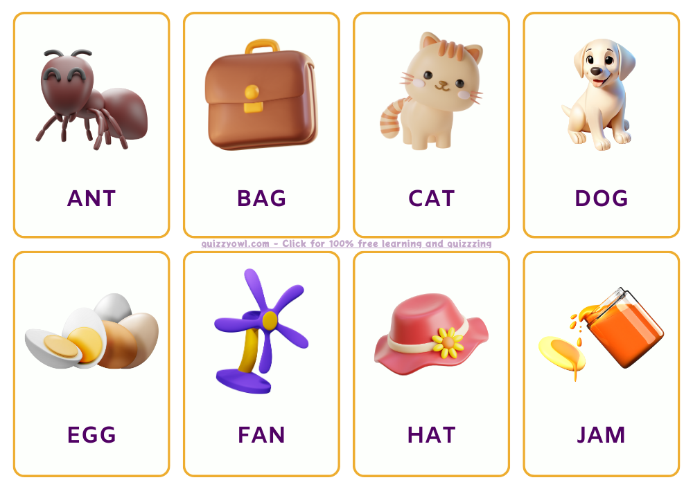 3-letter words flashcards - ANT, BAG, CAT, DOG, EGG, FAN, HAT, JAM