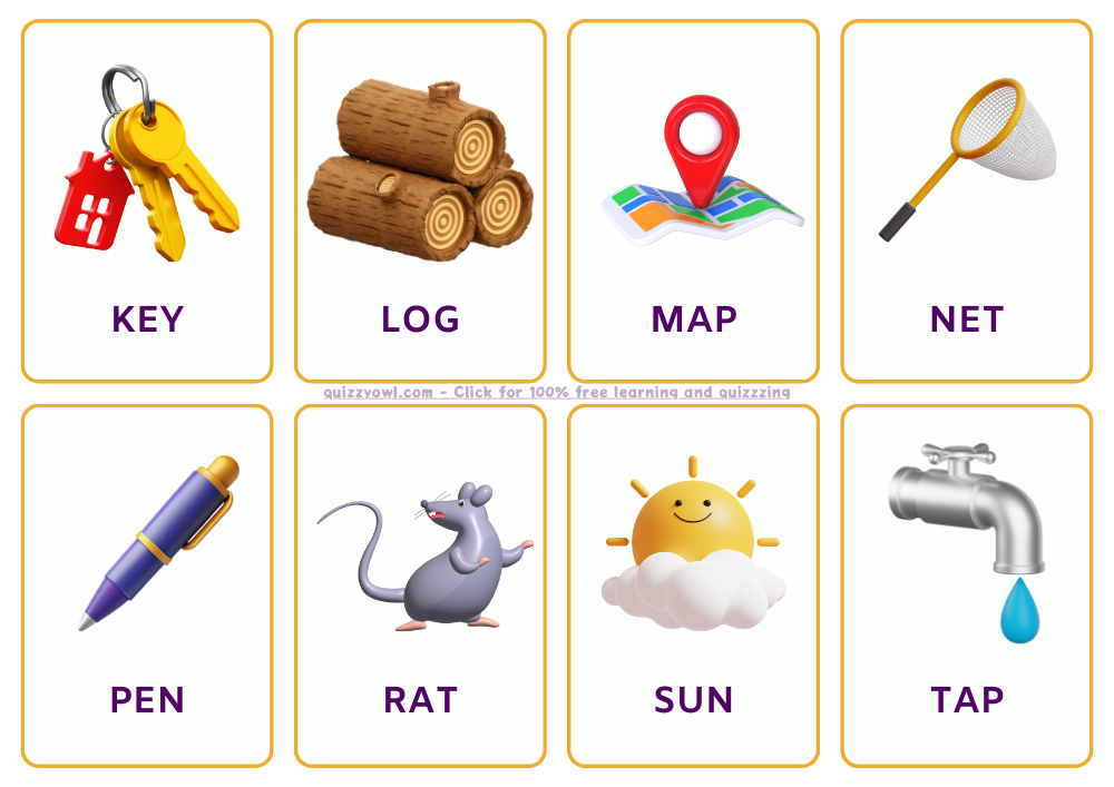 3-letter words flashcards - KEY, LOG, MAP, NET, PEN, RAT, SUN, TAP