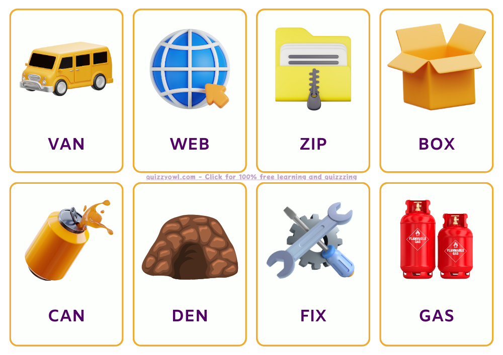 3-letter words flashcards - VAN, WEB, ZIP, BOX, CAN, DEN, FIX, GAS