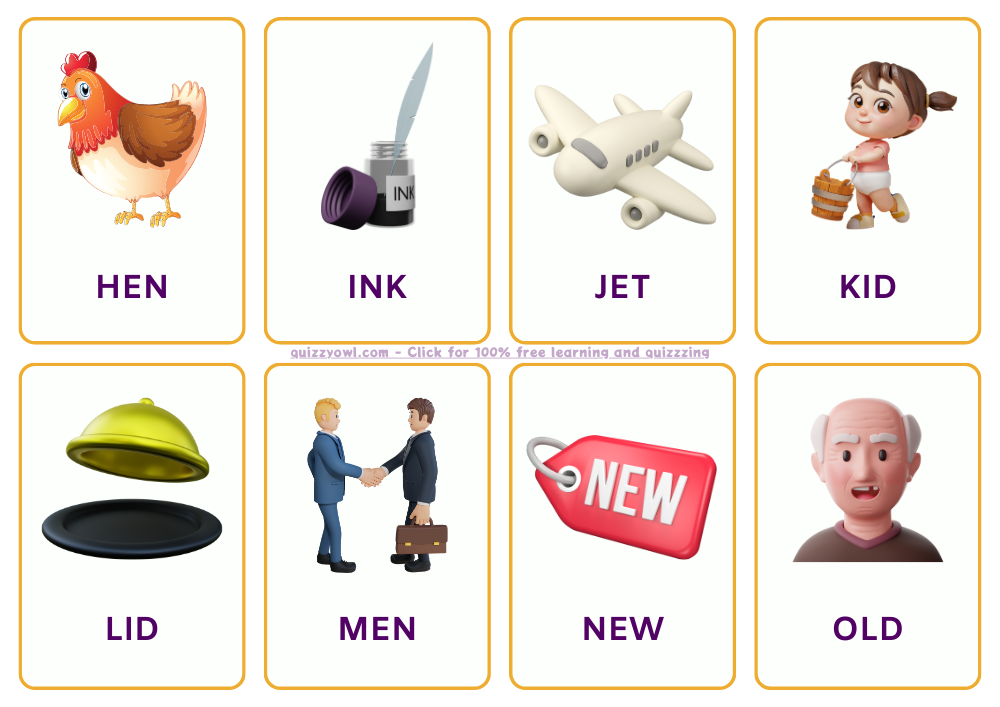 3-letter words flashcards - HEN, INK, JET, KID, LID, MEN, NEW, OLD