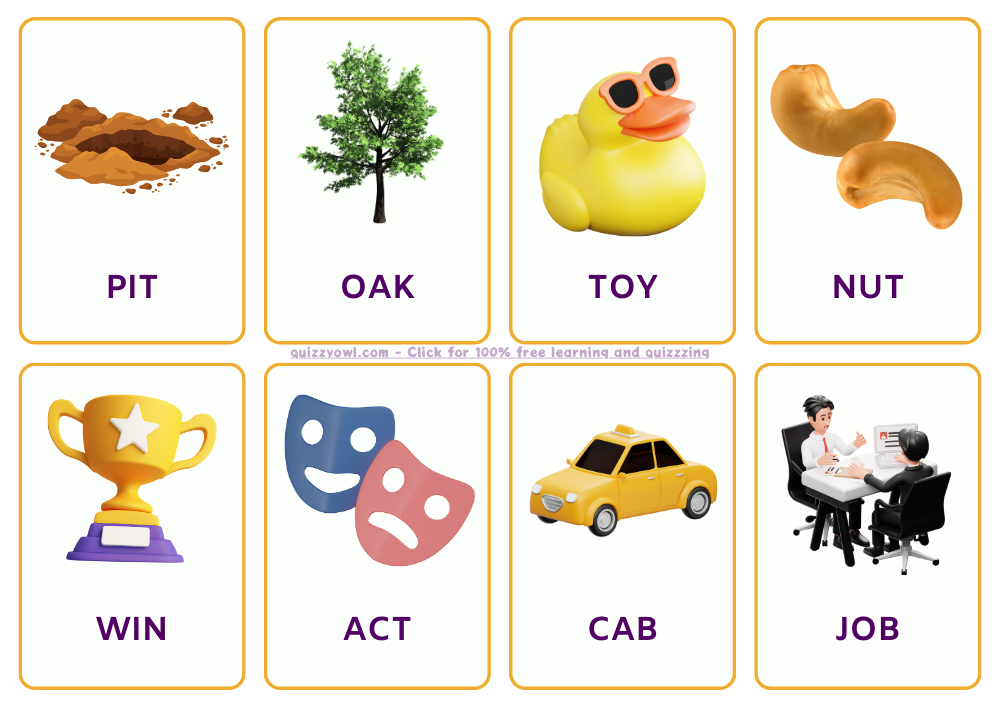 3-letter words flashcards - PIT, OAK, TOY, NUT, WIN, ACT, CAB, JOB