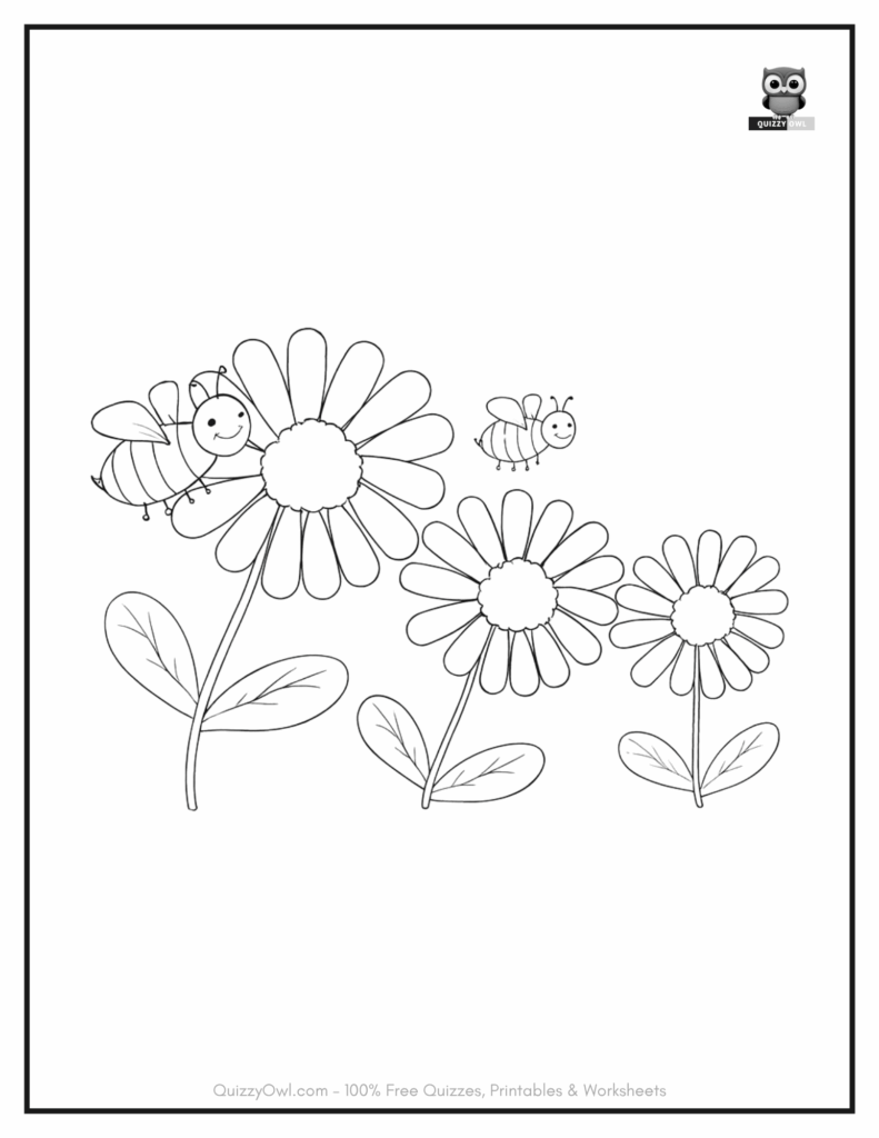 Bee coloring page showing two cartoon bees exploring and wandering over flowers