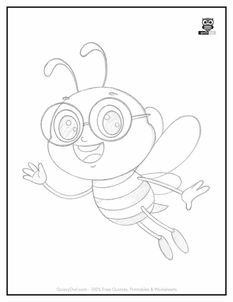 Bee coloring page with a skinny cartoon bee waving and laughing in a playful pose