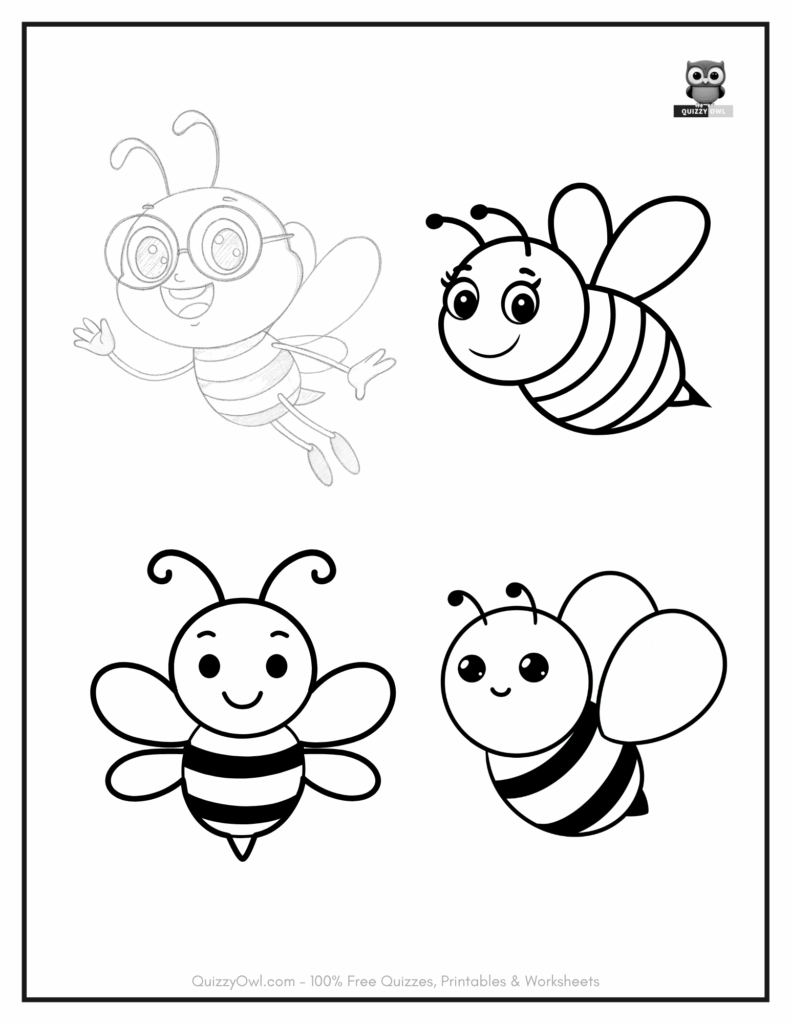 Bee coloring page with four individual bees flying in various directions