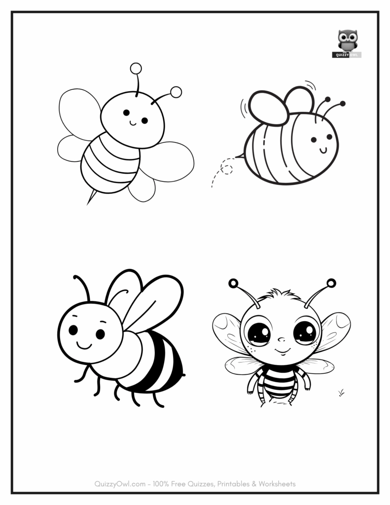Alt Text: Four flying bees on one printable coloring page for kids
