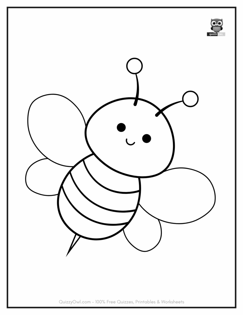 Cute bee flying with a happy face on a printable coloring page for children