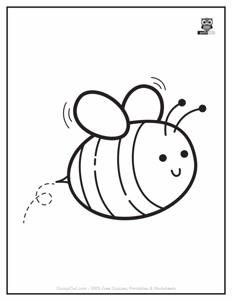 Fat bee flying and leaving a trail on a printable coloring page for children