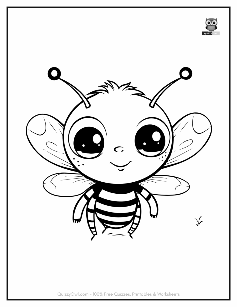 Cute bee coloring page with a flying bee showing happy watery eyes