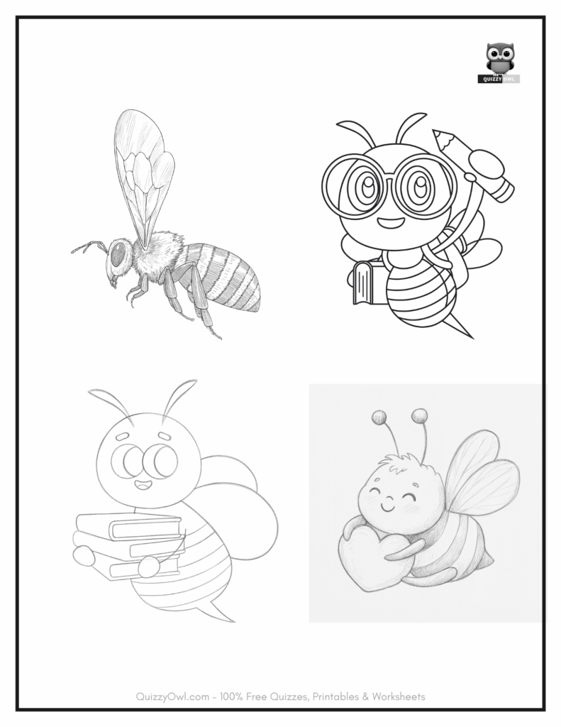 Bee coloring page with four bees—two cartoon-style and two natural-looking with realistic details