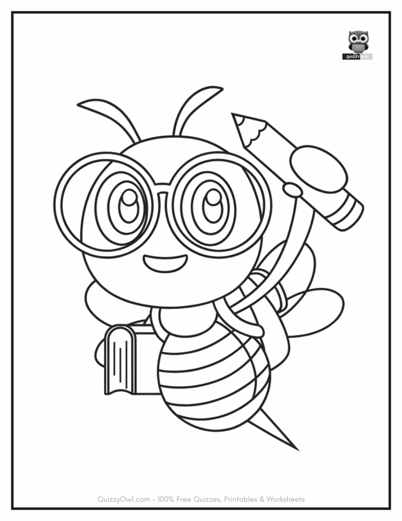 Bee coloring page with a cartoon bee flying and holding a pencil and book