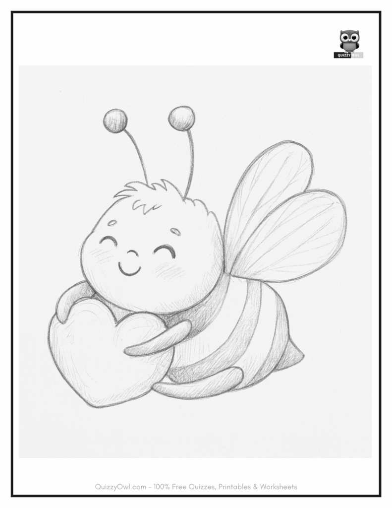 Cute bee coloring page showing a cartoon bee holding a heart with a joyful expression