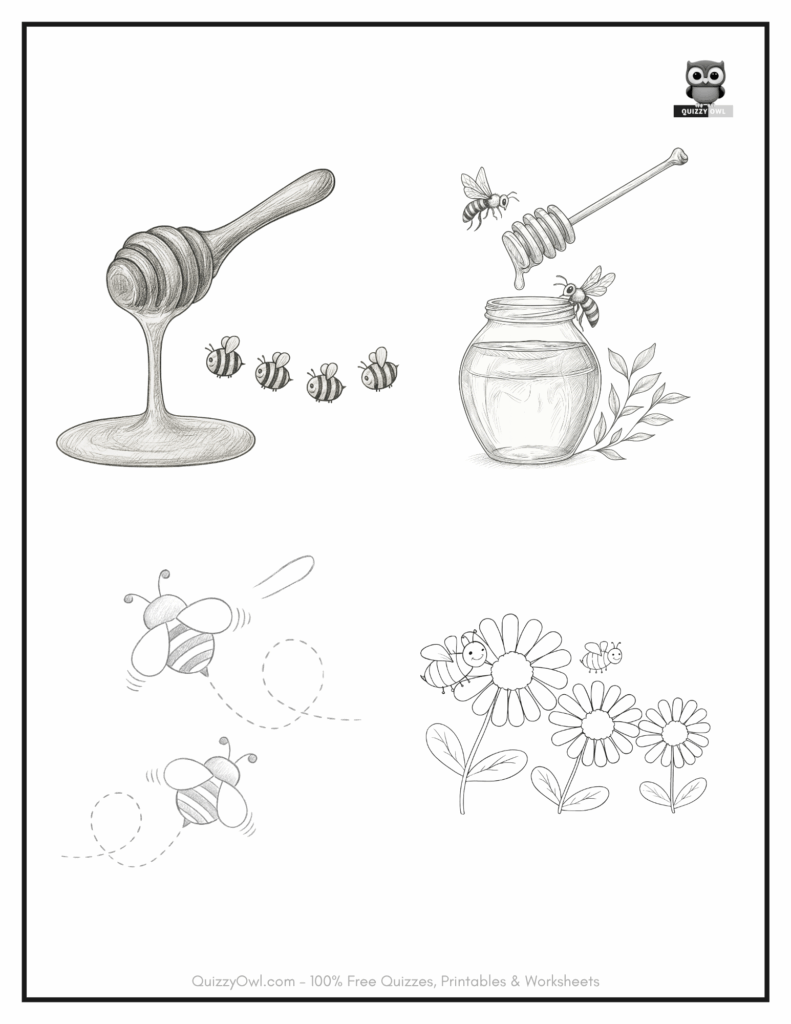 Bee coloring page with four cartoon bee scenes involving honey, honeycombs, and flowers