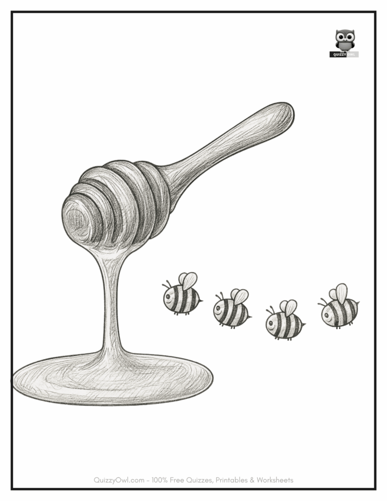Bee coloring page showing cartoon bees racing toward honey dripping on the floor
