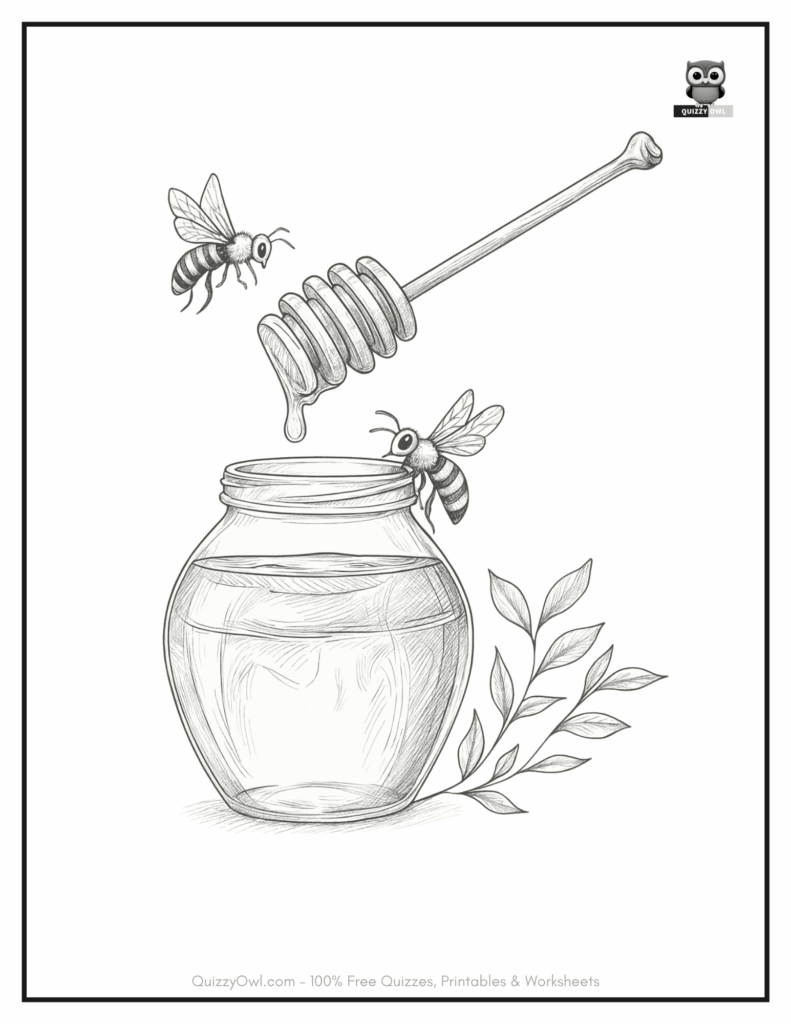 ee coloring page with bees wandering around a large honey jar