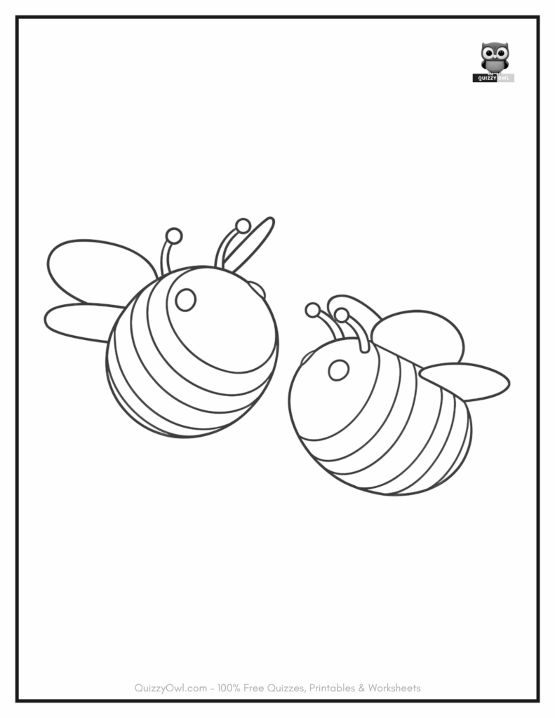 Bee coloring page with two big, fat cartoon bees flying together in the air