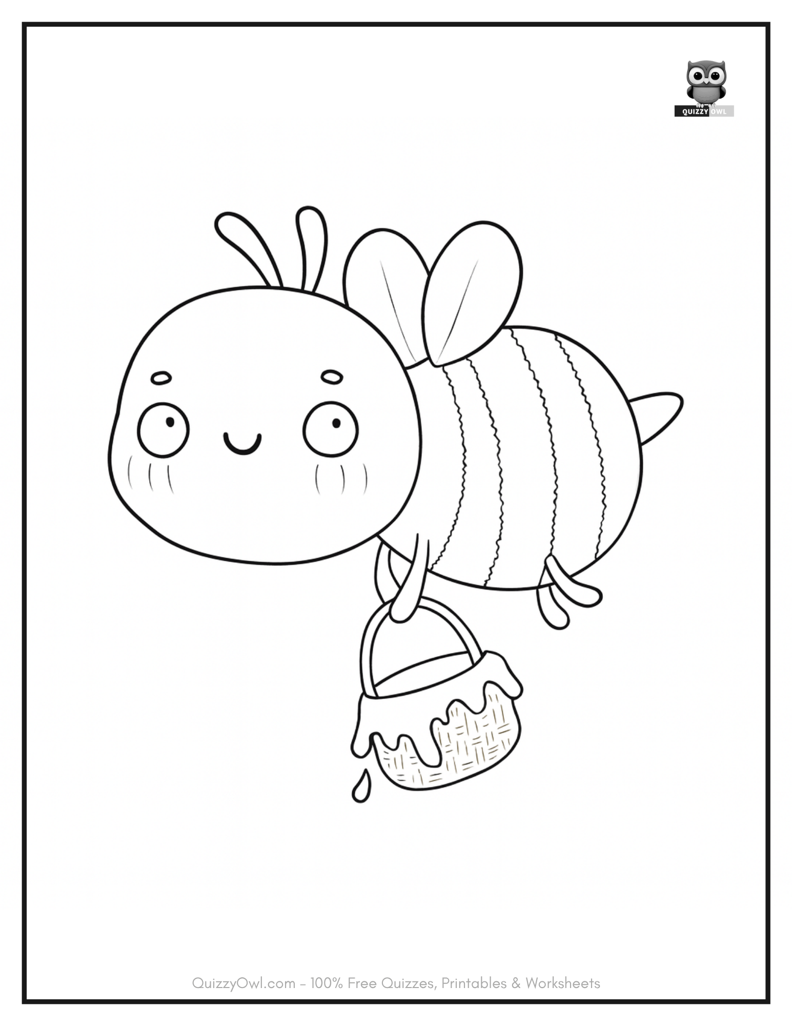 Bee coloring page showing a sleek flying bee carrying a basket of honey