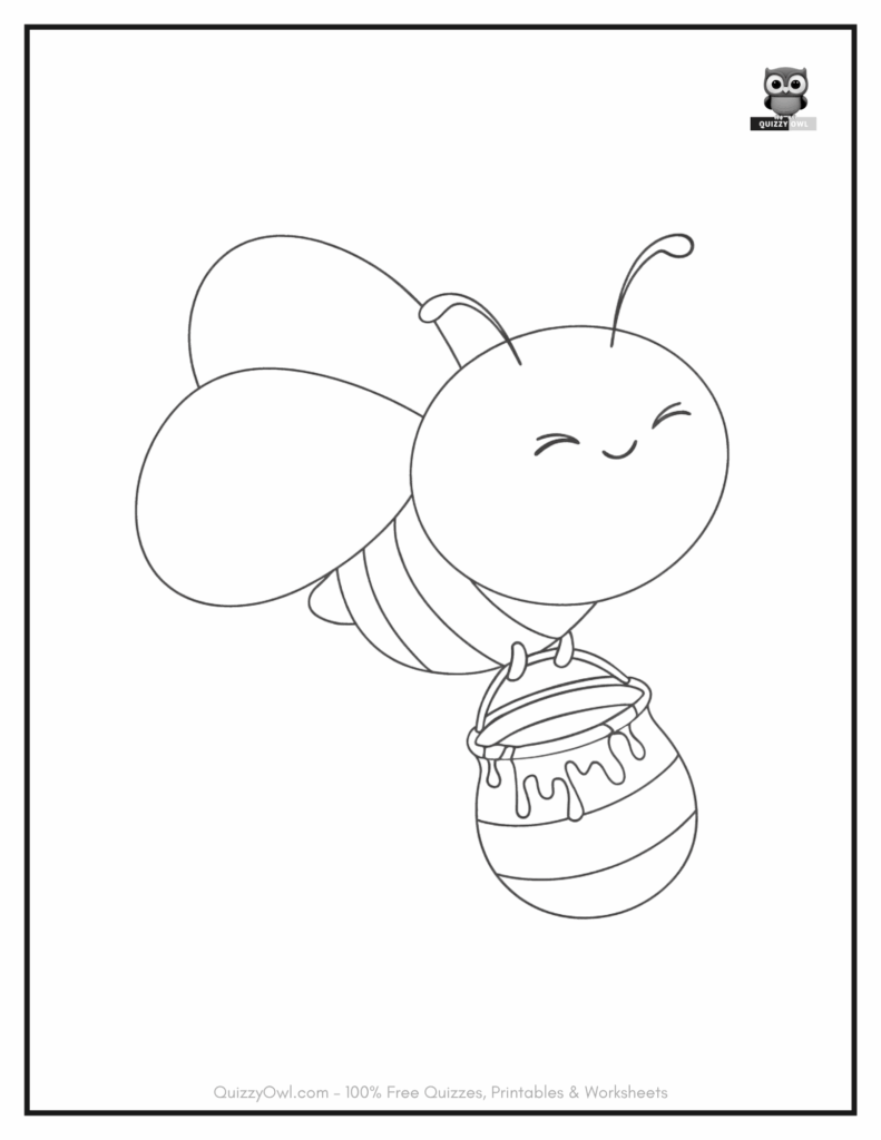 Cute bee coloring page showing a smiling bee flying with a small honey basket