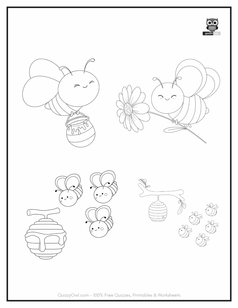 Bee coloring page with four cute cartoon bees in different playful poses on a single sheet