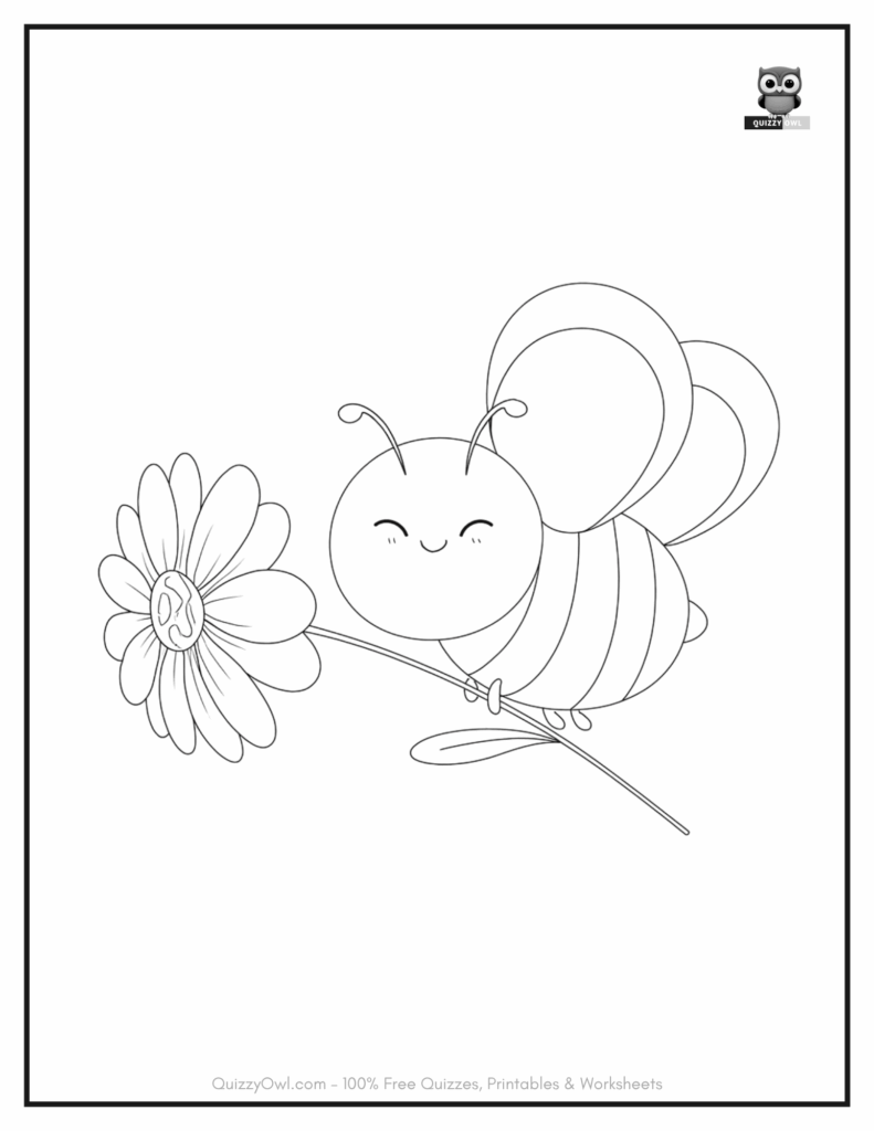 Bee coloring page featuring a cheerful bee flying while holding a flower