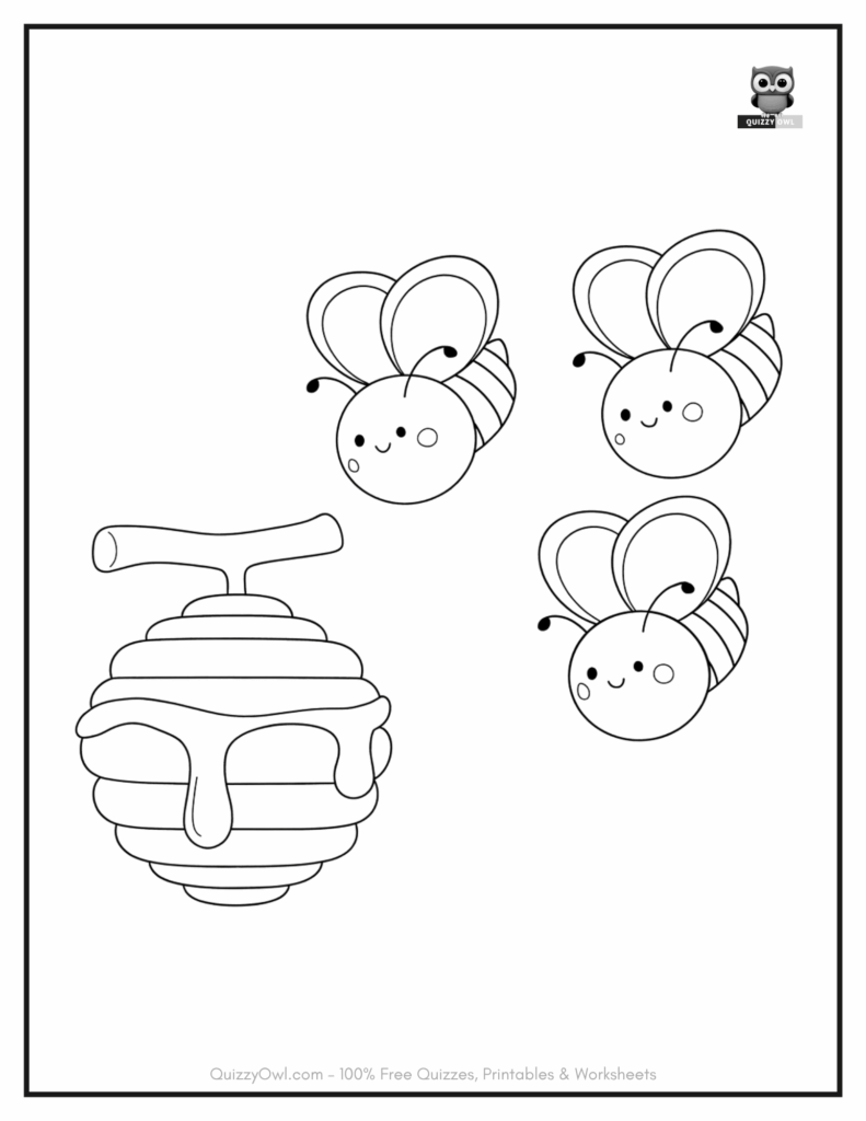 Bee coloring page with three cartoon bees racing downward from the sky toward a honeycomb