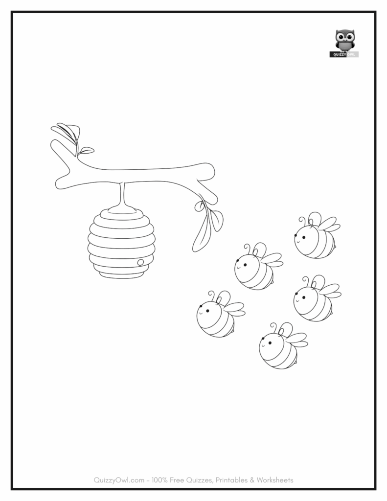 Bee coloring page showing four cartoon bees flying upward in a race toward a honeycomb