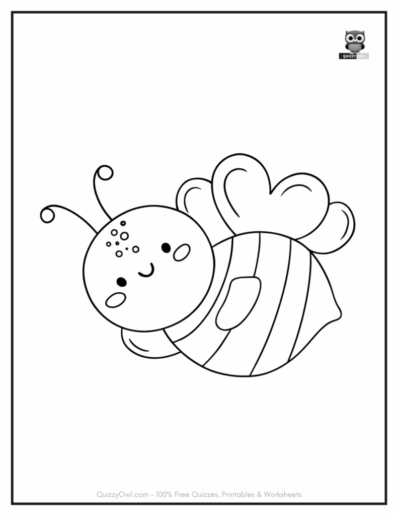 Cute flying bee coloring page with smiling cartoon bee in mid-air for kids to color