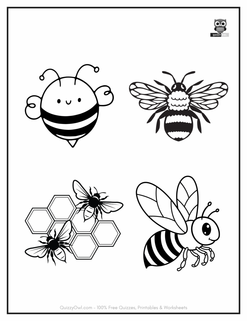 Bee coloring page with four bees flying, sitting, and wandering on honeycomb mesh