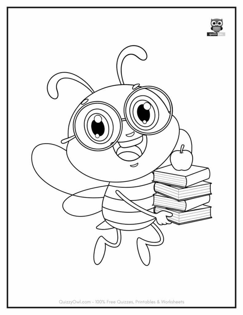 Bee coloring page showing a cute bee wearing glasses and carrying books while running