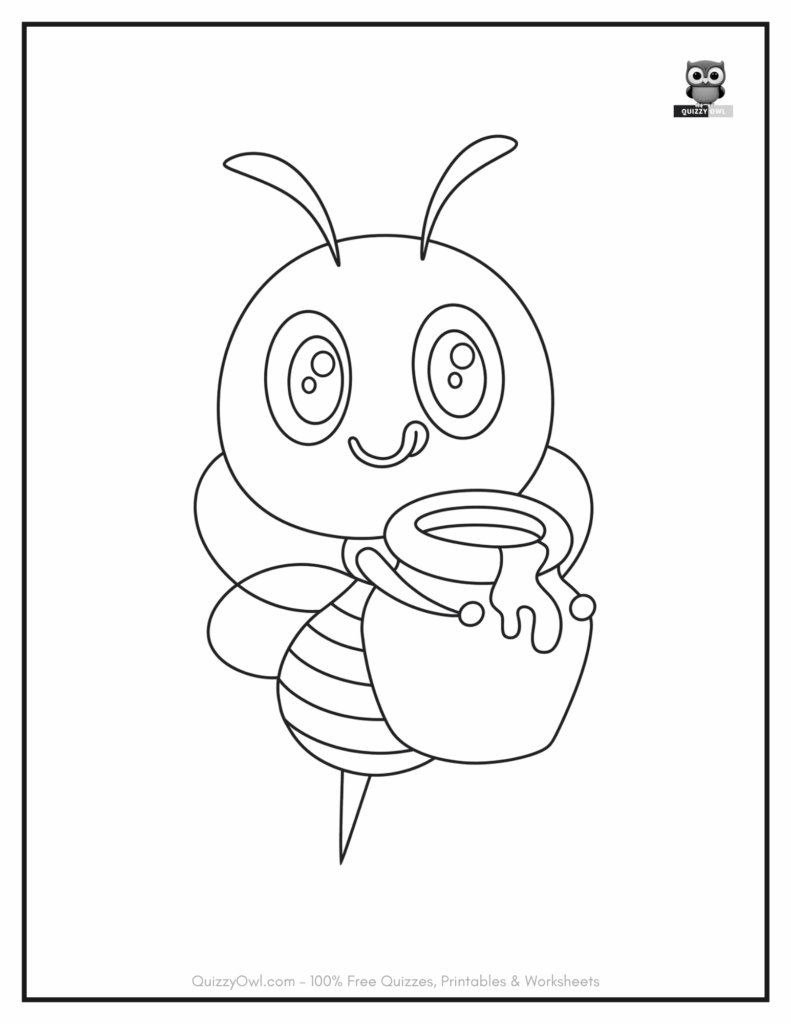 Bee coloring page with a cute cartoon bee flying and carrying a honey jar.
