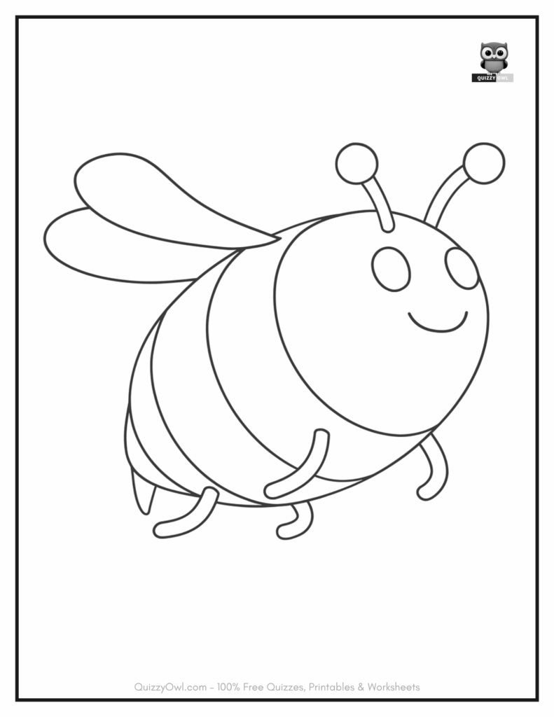Bee coloring page with a big, chubby cartoon bee flying in the sky.