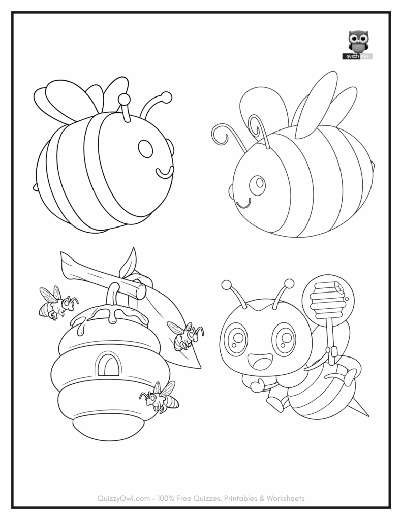 Bee coloring page with four images: two fat bees, one honeycomb with bees flying around, and one bee holding honey
