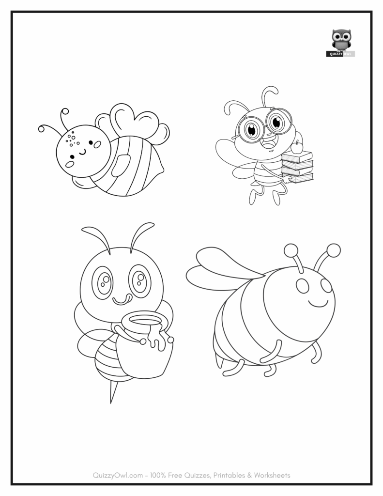 Cute cartoon bee coloring page featuring four bees with honey, books, and smiling faces for kids to color