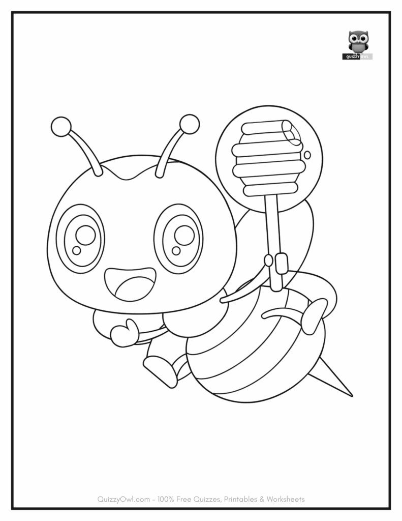 Bee coloring page of a happy cartoon bee carrying a honeycomb on a stick while flying