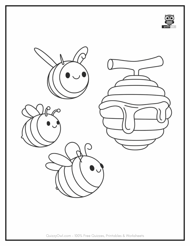 Bee coloring page with three cheerful bees flying toward a honeycomb