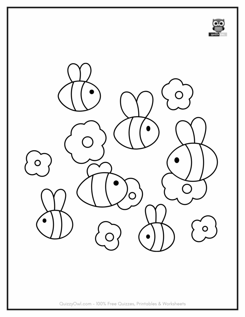 Cartoon bee coloring page with multiple bees flying in the sky