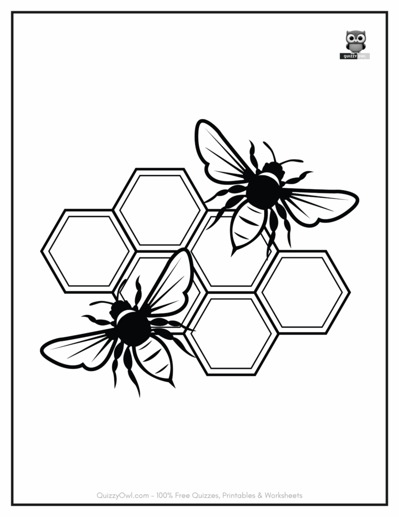 Coloring page with two bees sitting on a honey mesh, ready for kids to color