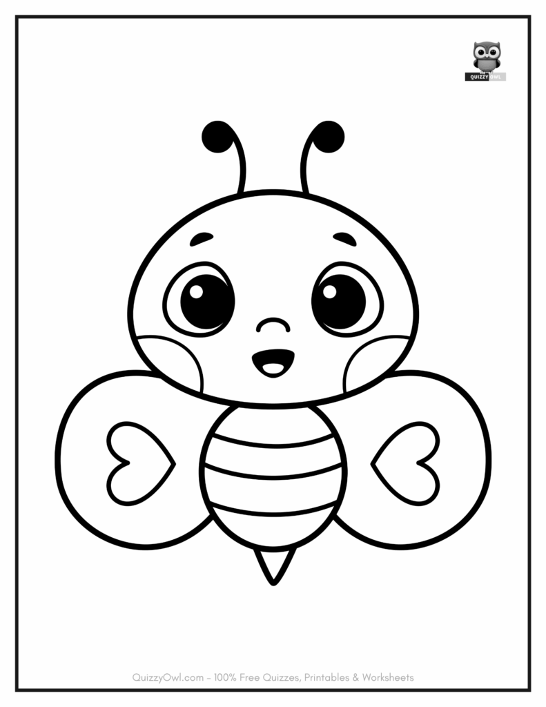 Coloring page of a cute bee with heart-shaped wings flying joyfully