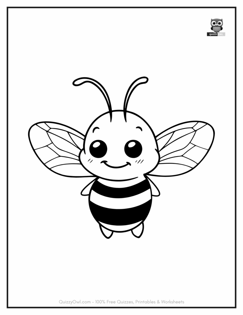 Printable coloring page of a baby bee flying happily with a cute expression