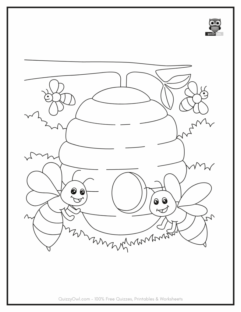 Coloring page of happy bees flying and sitting around a honeycomb