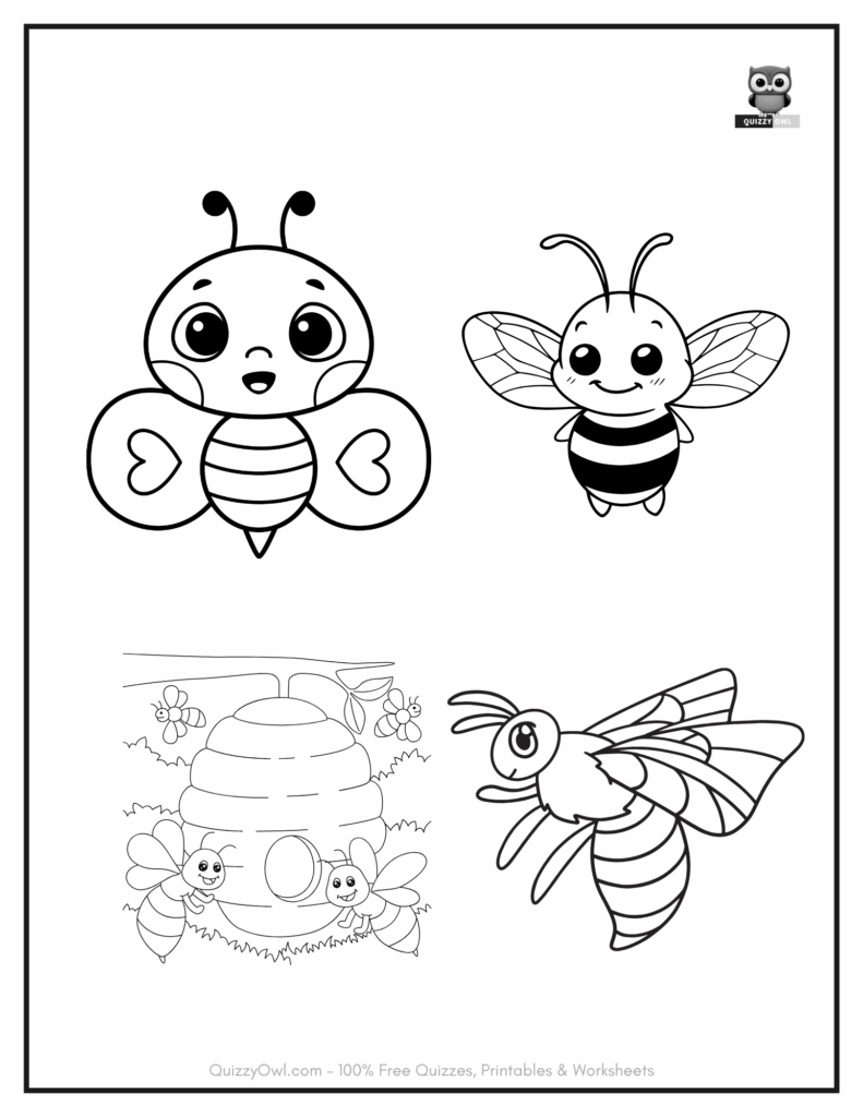 Coloring page with four different bee scenes including flying, collecting honey, and sitting on honey comb