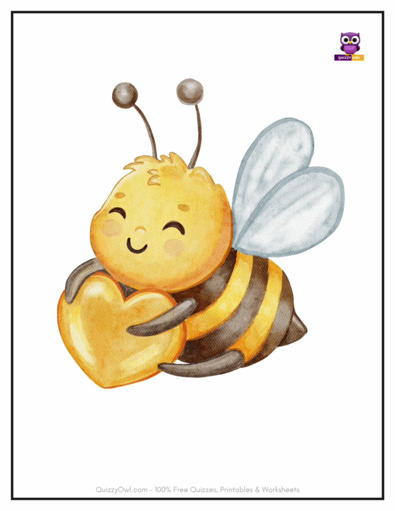 Cute colorful bee with bright stripes holding a yellow heart