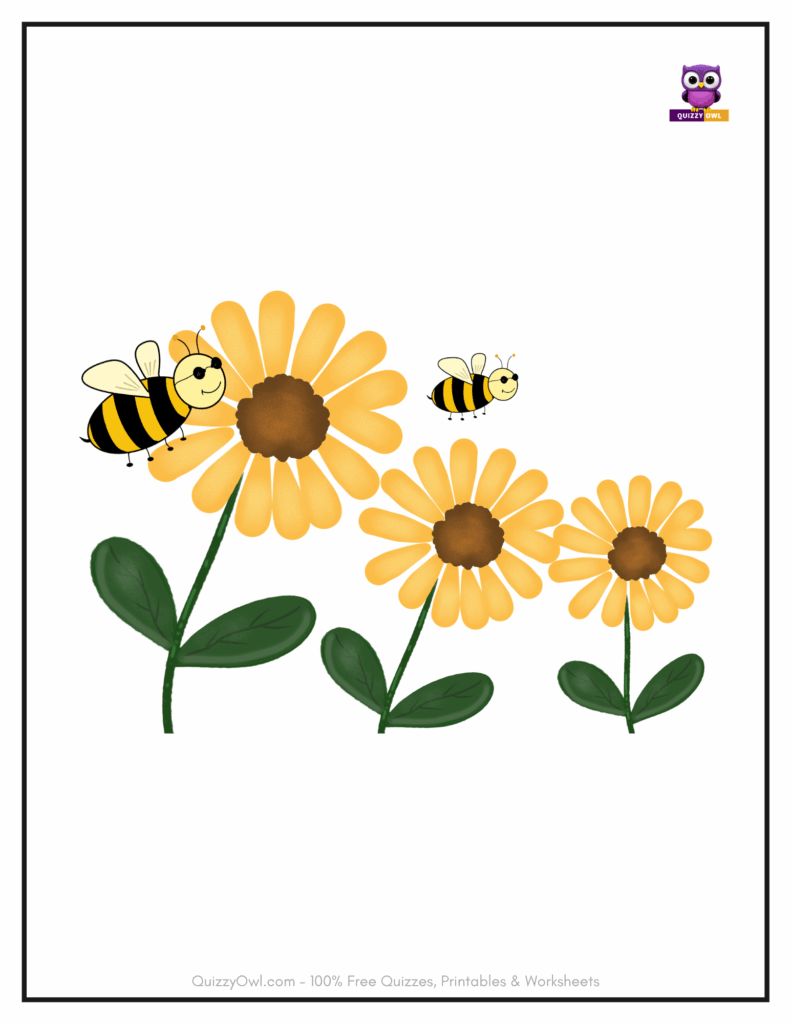 Colored flowers with bees wandering on them for kids’ coloring inspiration