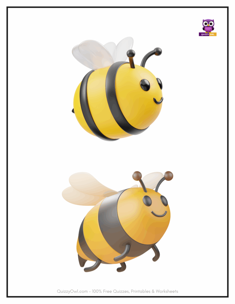 Two colorful fat cartoon bees flying with vibrant wings and stripes