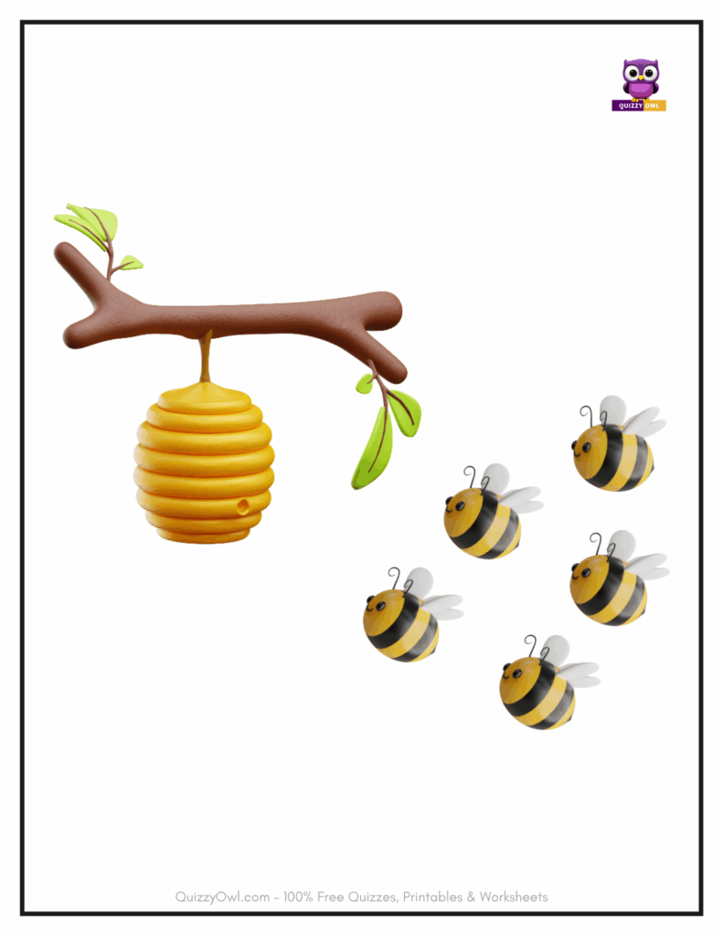 Five colorful cartoon bees flying toward a golden honeycomb