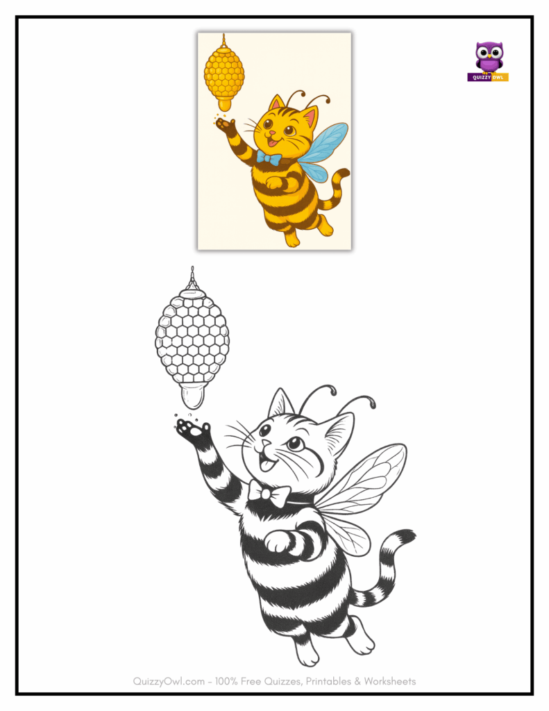 coloring page of a cute bee-cat catching honey drop - hybrid character with stripes and tiny wings, smiling and ready for kids to color.