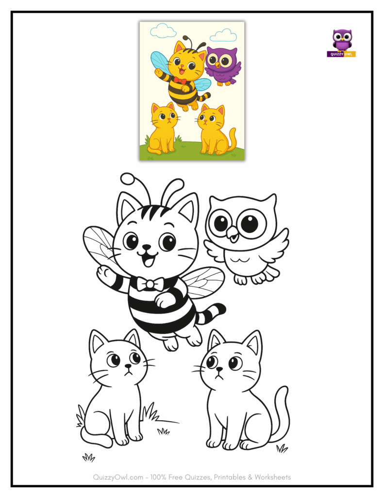 Cat Bee and QuizzyOwl flying coloring page featuring normal cats