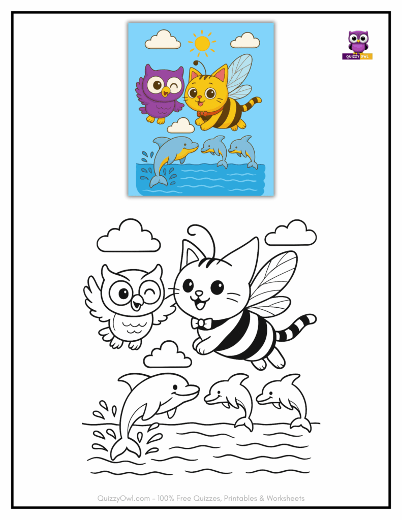 Black-and-white coloring page of a cute bee-cat flying with quizzyowl watching jumping dolphins.