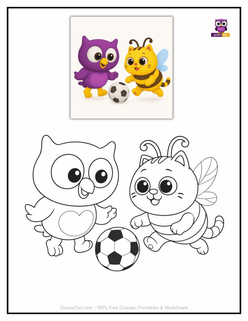 Coloring page of Cat Bee and QuizzyOwl playing soccer