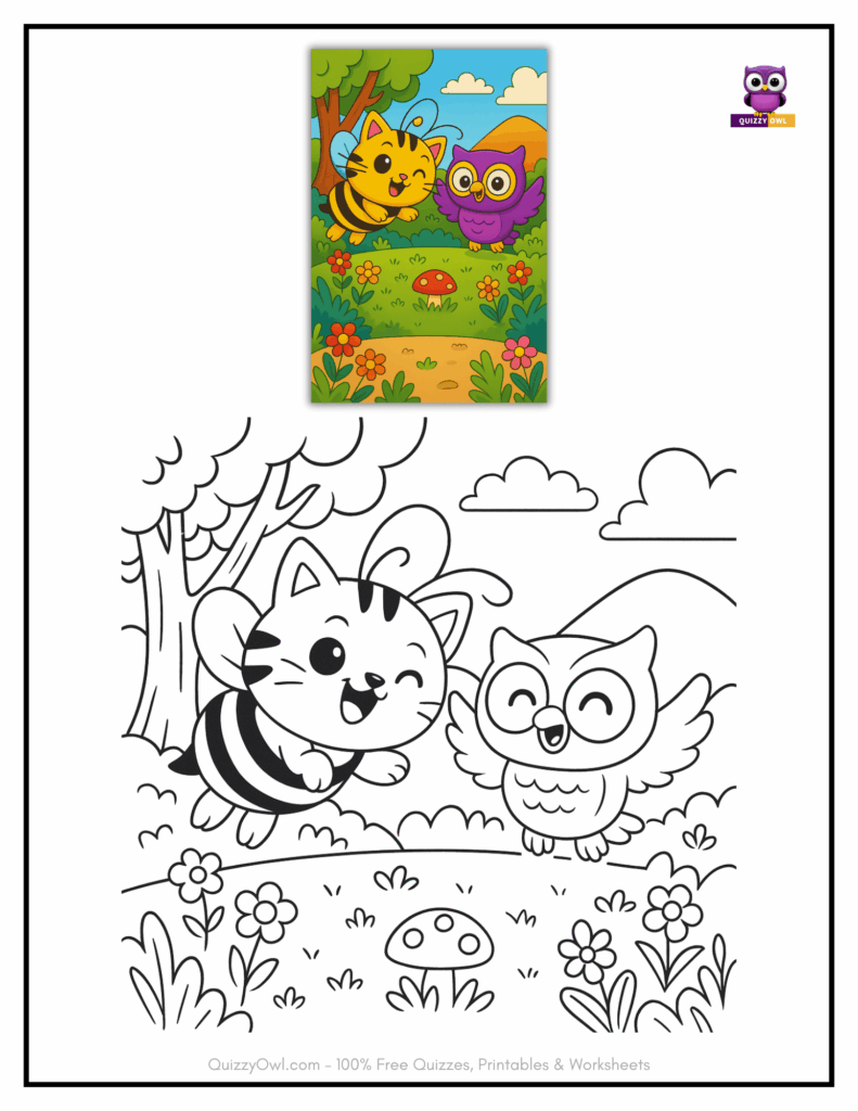 Coloring page of CatBee and QuizzyOwl flying over a garden filled with flowers.